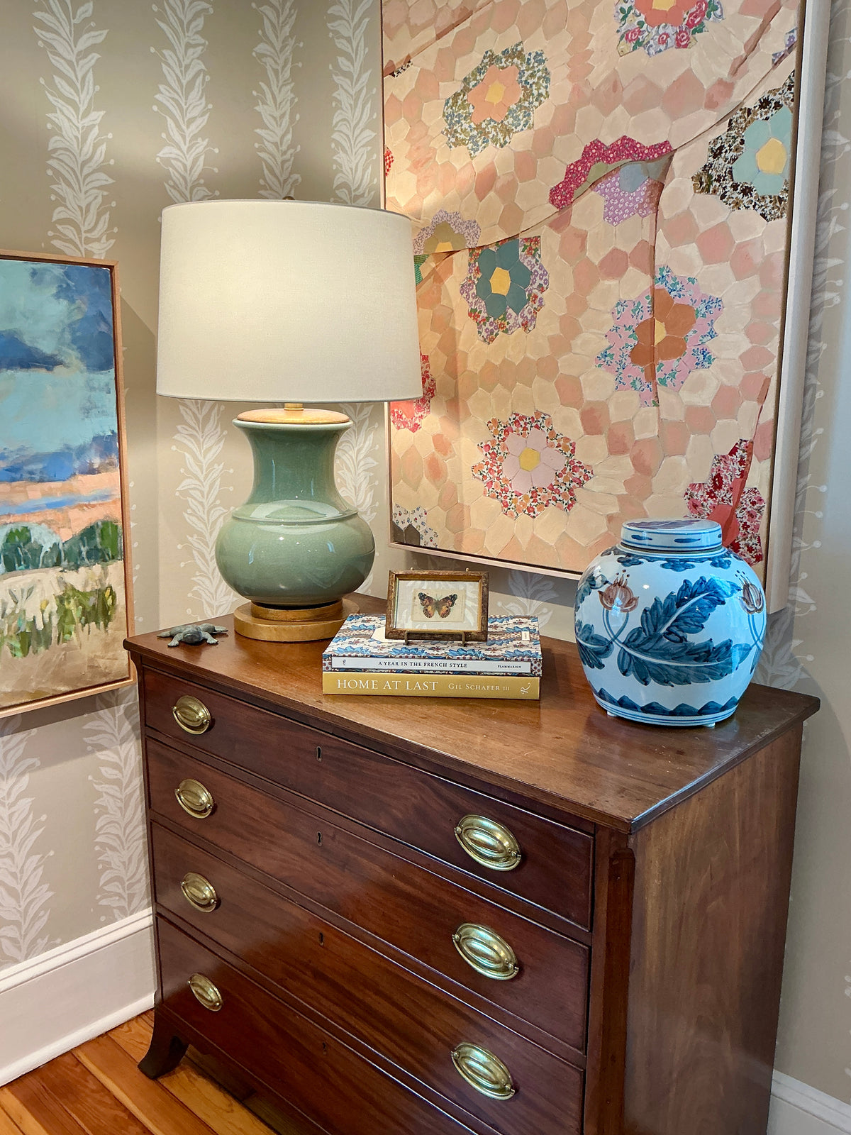 Antique Butterfly Tobacco Silk on Neutral Fabric in Rustic Gold Frame