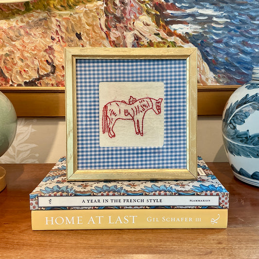 Antique Horse Redwork Embroidery on Blue Gingham in Gold Frame