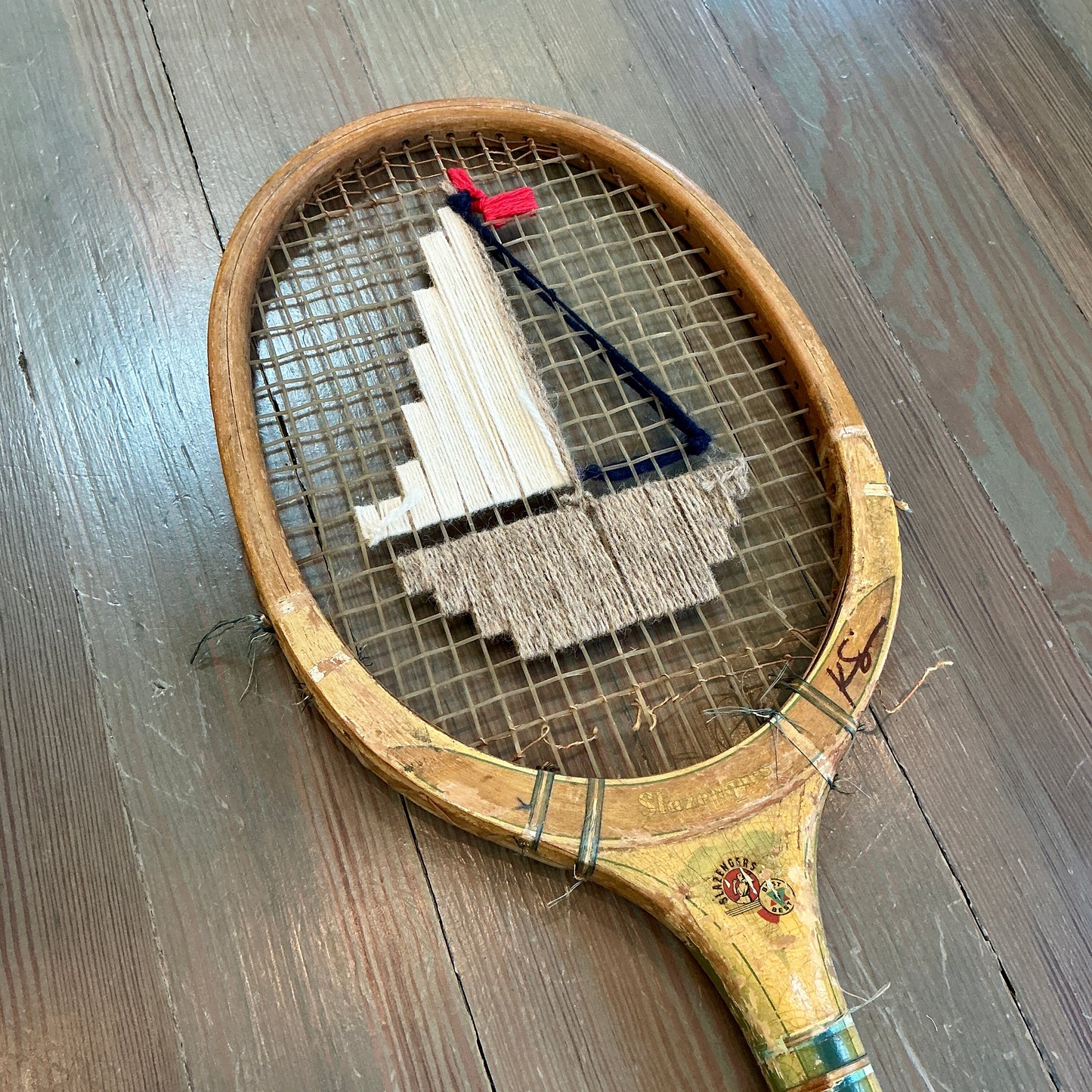 Vintage Embroidered Taupe Sailboat Tennis Racket