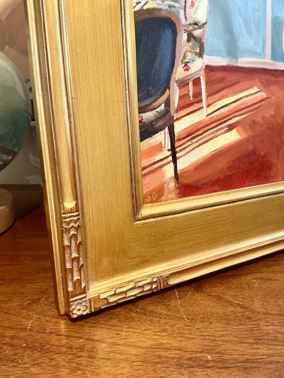Stephanie Doucet Salon Bleu Au Soleil, Aix-en-Provence French Interior Oil Painting in Gold Frame