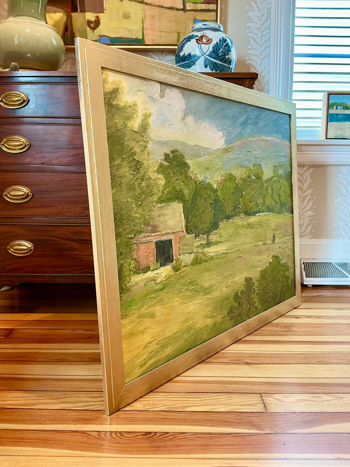 Vintage Rolling Country Hills Landscape Oil Painting in Gold Frame