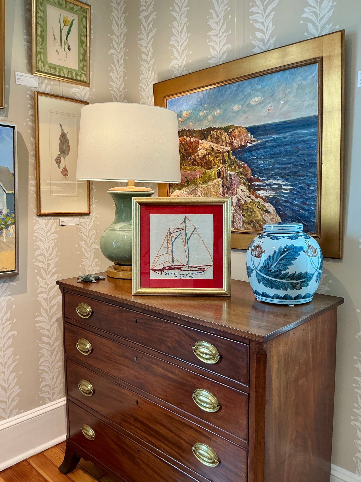 Early 20th Century Sailboat Redwork Embroidery with Red Ribbon in Gold Frame