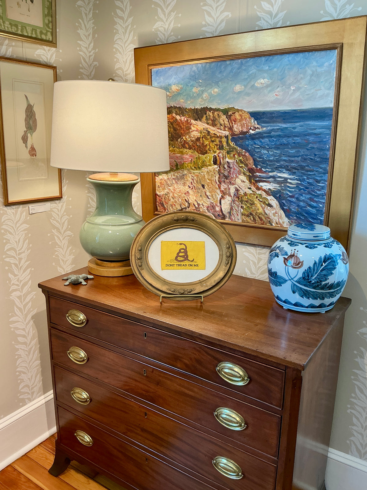 Vintage Gadsden Flag on Ivory Duck Cloth in Oval Dark Gold Frame
