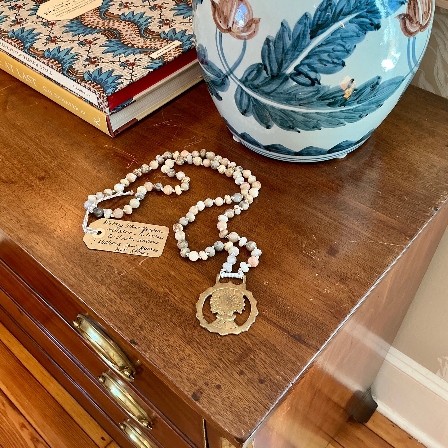 Antique English Horse Brass Wheat Bushel Medallion Sunstone Beaded Hand Knotted Necklace