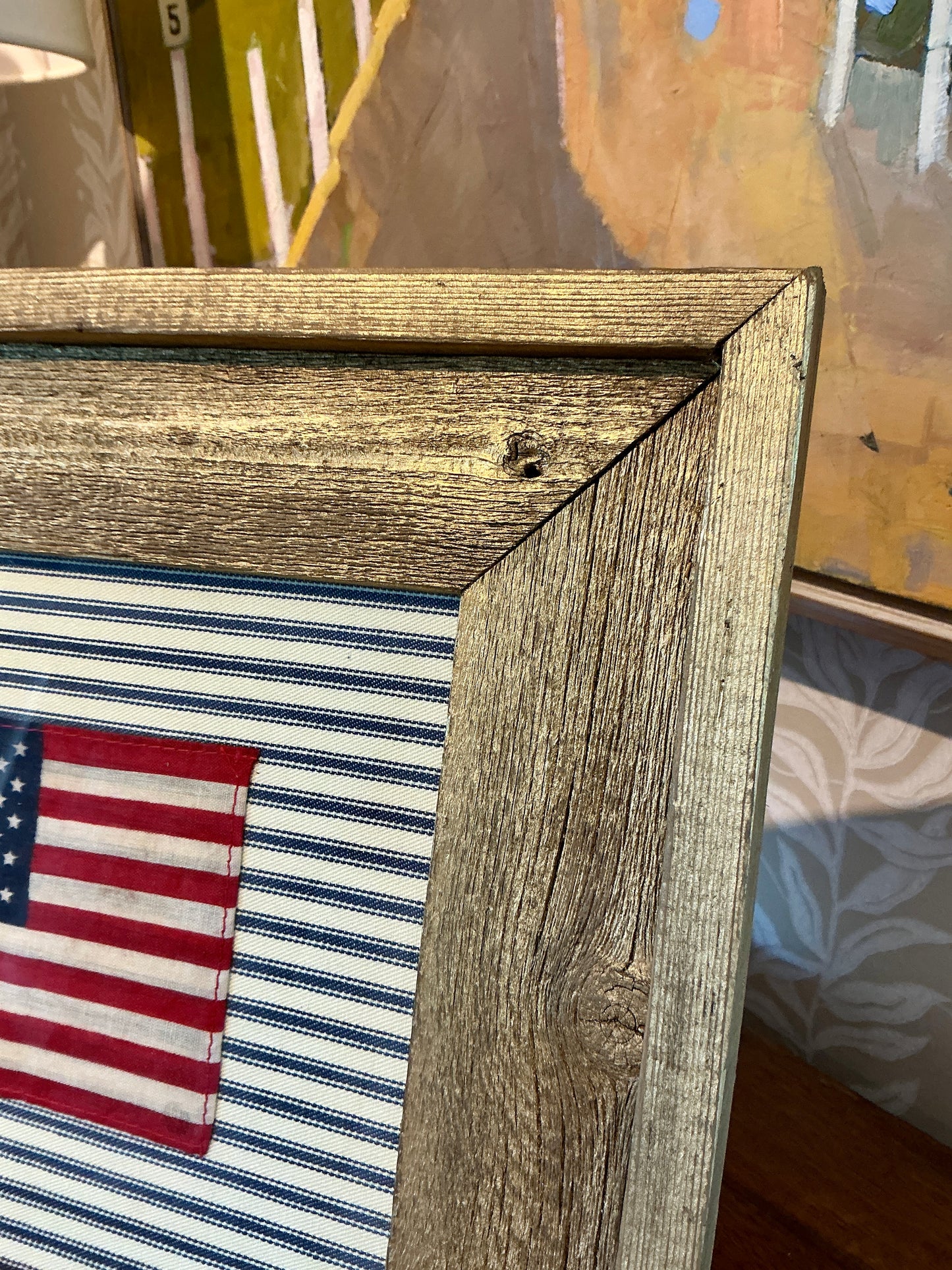 Vintage 50 Star American Flag on Blue and White Stripes in Gold Wood Frame