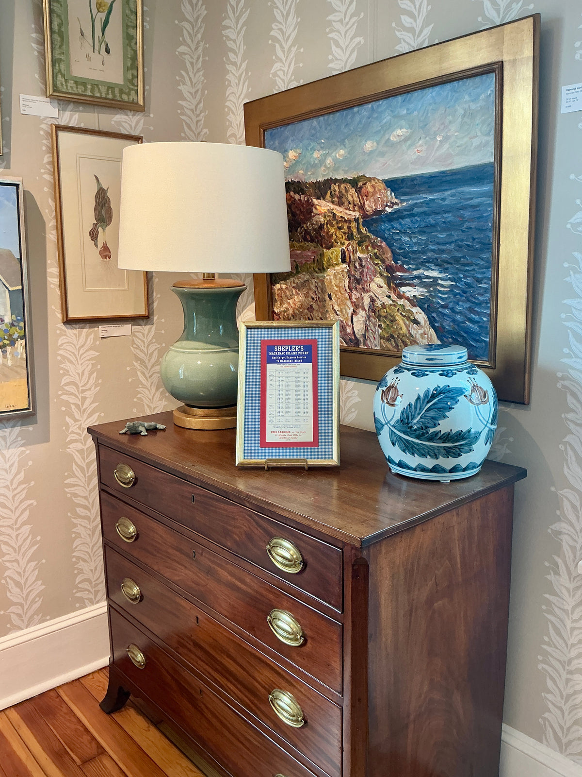 Vintage Mackinac Island Ferry Schedule on Blue Gingham in Gold Frame
