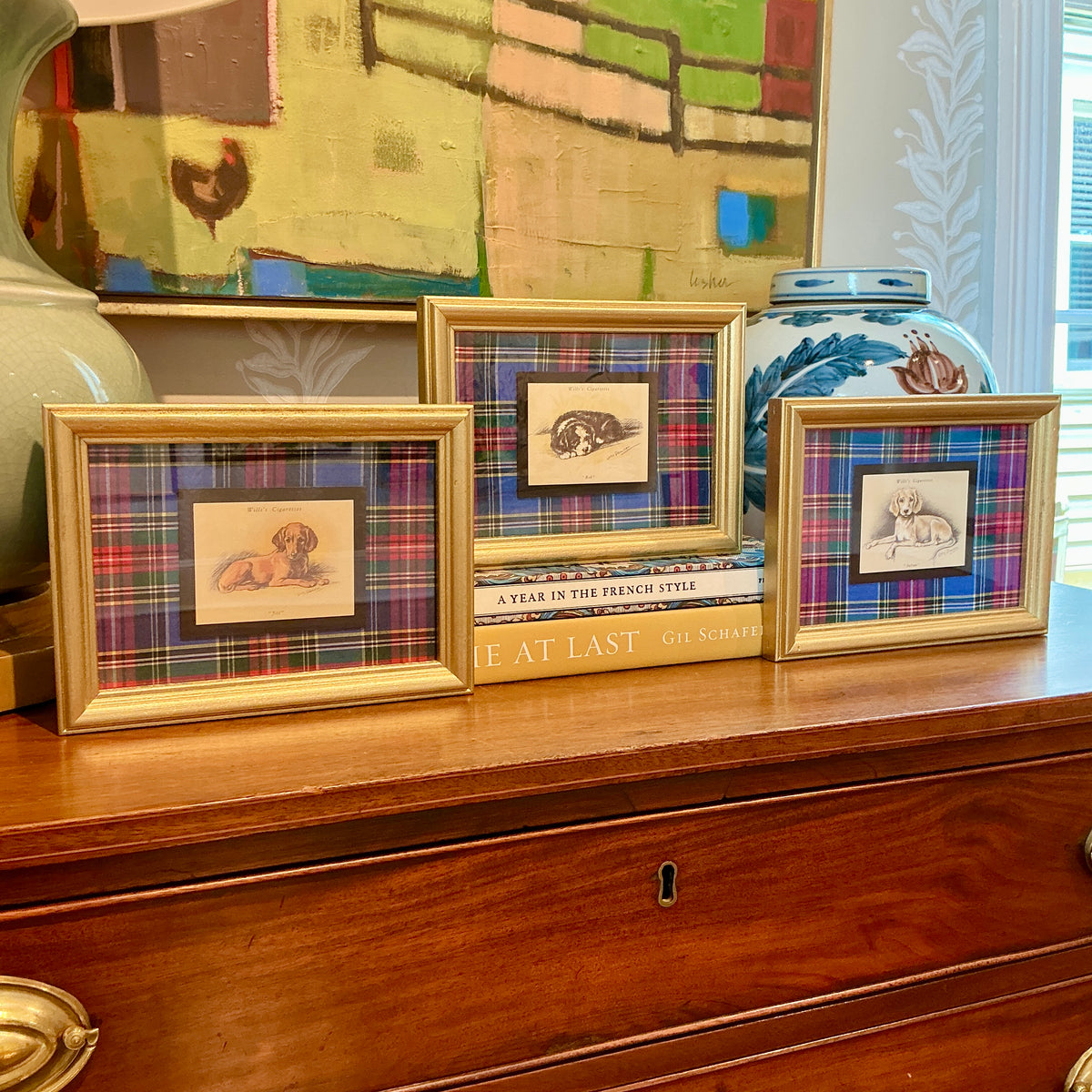 Set of 3 1930s Tobacco Cards With Dogs on Plaid in Gold Frame