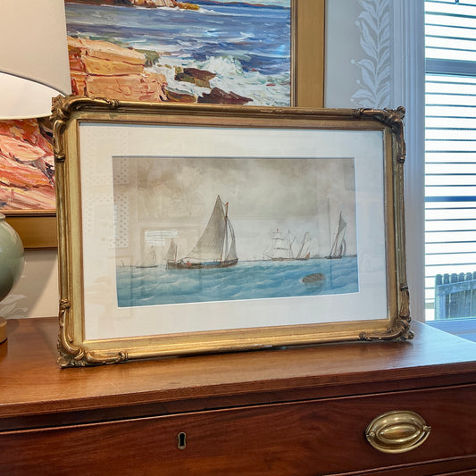 19th Century Sailboat Seascape Watercolor Painting in Ornate Gold Frame