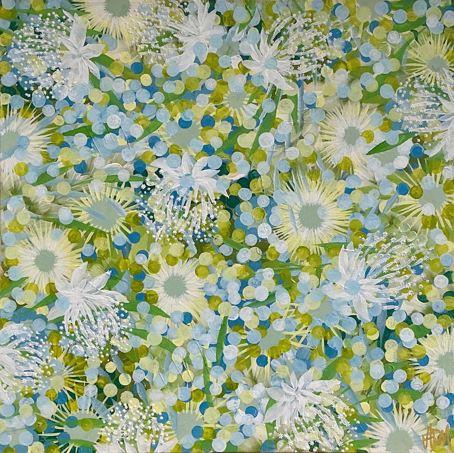 Alison Diamond McElroy Poolside Abstract Floral Painting in Gold Floater Frame
