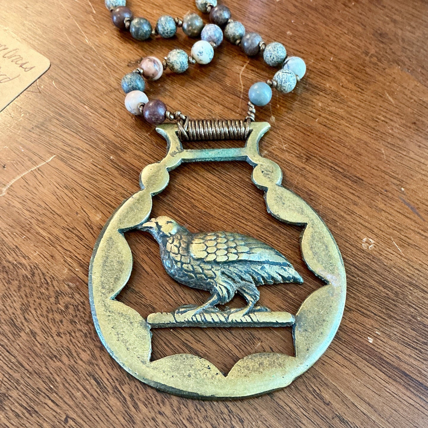 Antique English Horse Brass Grouse Bird Medallion Jasper Beaded Hand Knotted Necklace
