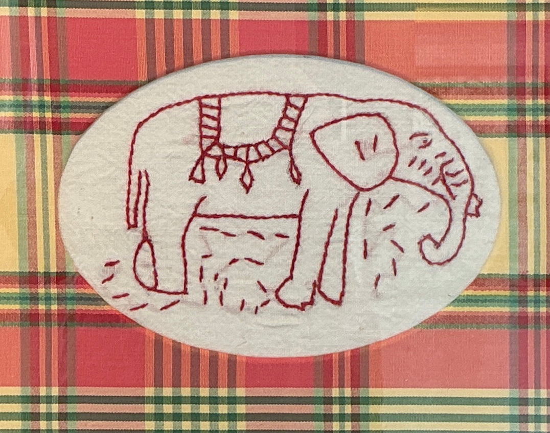 Antique Redwork Elephant Embroidery in Plaid Wrapped Mat in Gold Frame