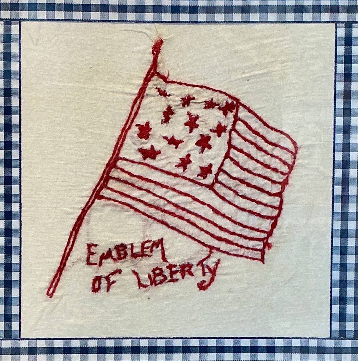 Antique American Flag Redwork Embroidery on Navy Gingham in Gold Frame