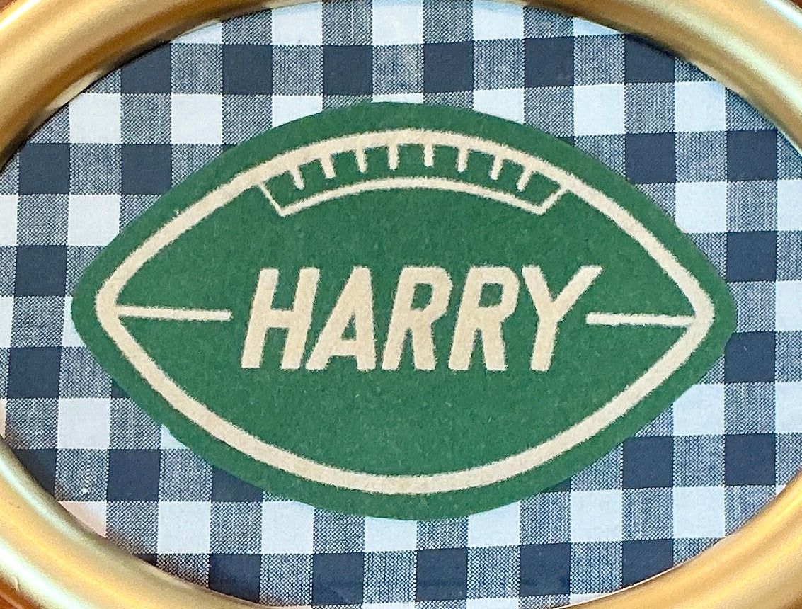 Vintage Varsity Jacket "Harry" Football Name Patch on Navy Gingham in Oval Gold Frame