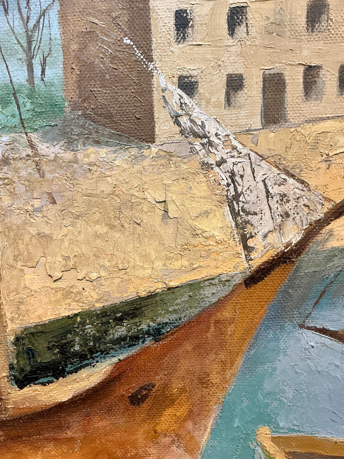 Lisl Beer 1953 Coastal Landscape with Boats Oil Painting in Gold Frame