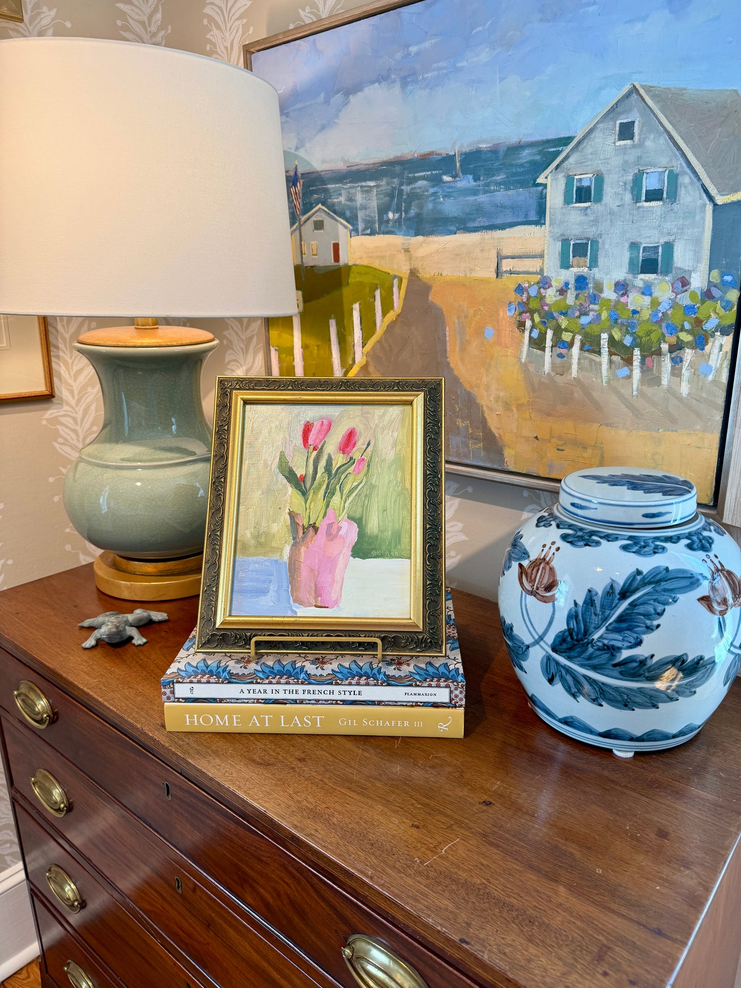 Gretchen McGinnis Pink Tulips Still Life Oil Painting in Vintage Gold Frame