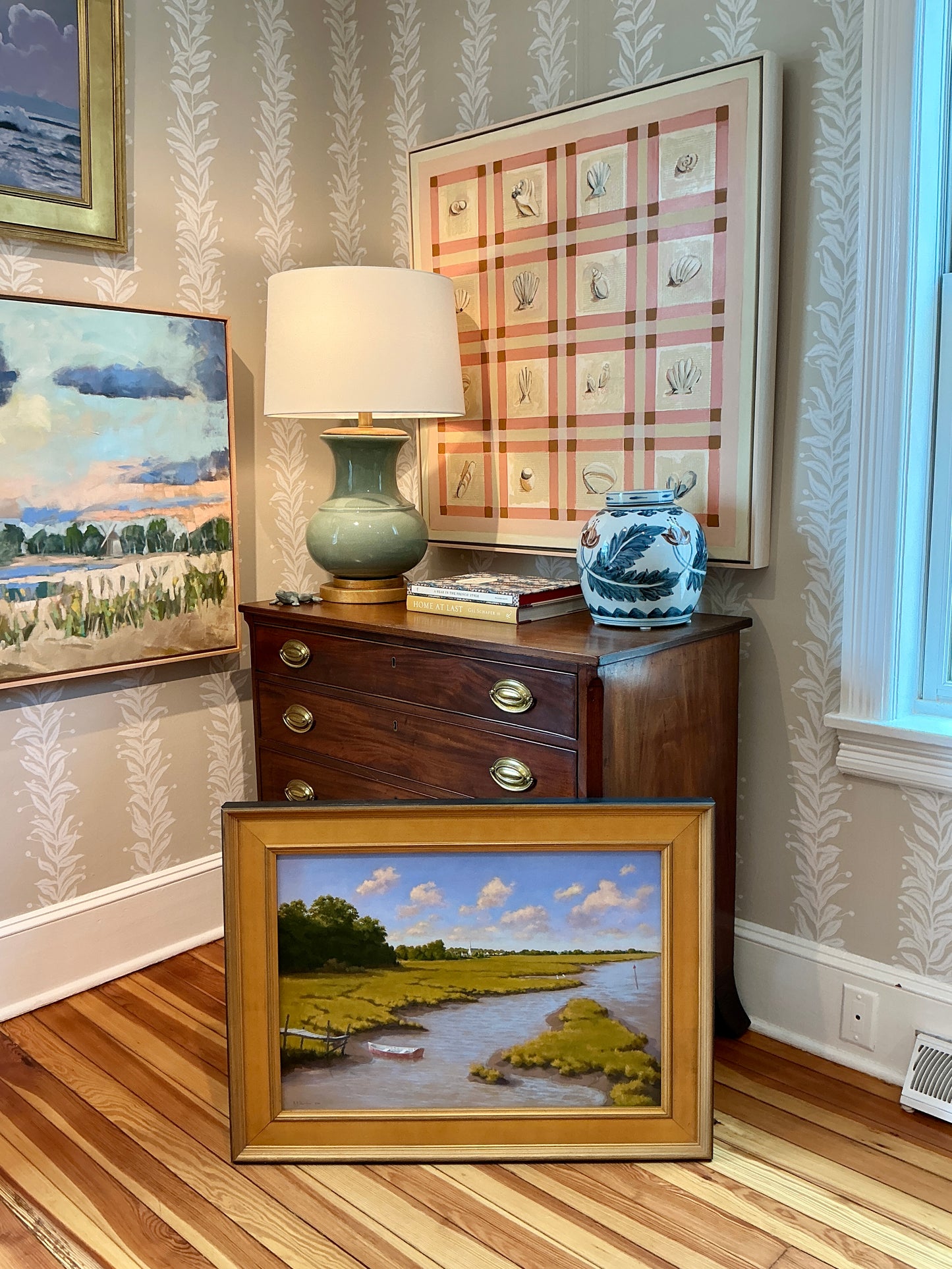 Anthony R. Thompson Village By A Marsh Coastal Landscape Oil Painting in Gold Frame