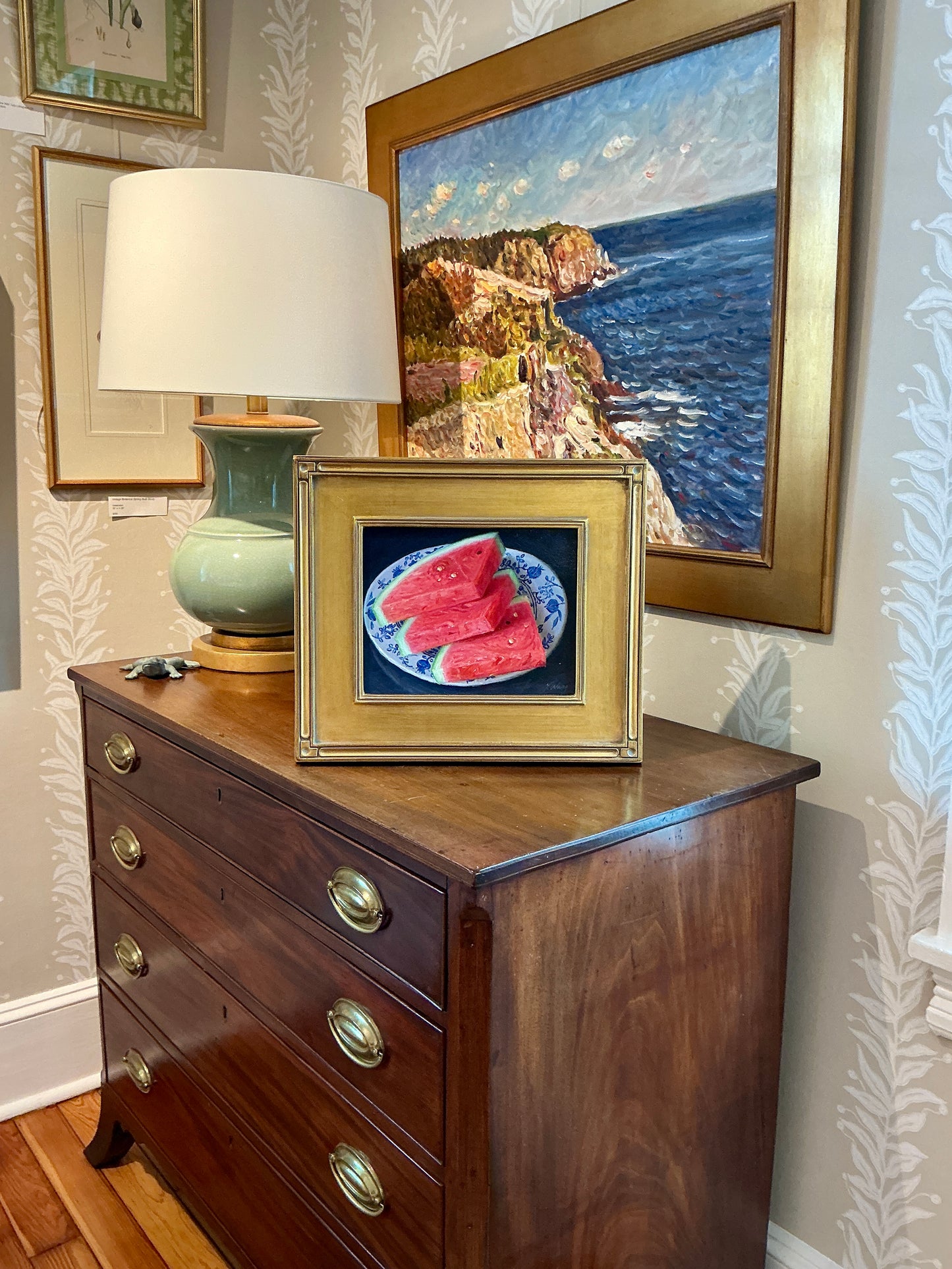 Youqing Wang Watermelon Slices in Blue and White Plate Still Life Oil Painting in Gold Frame