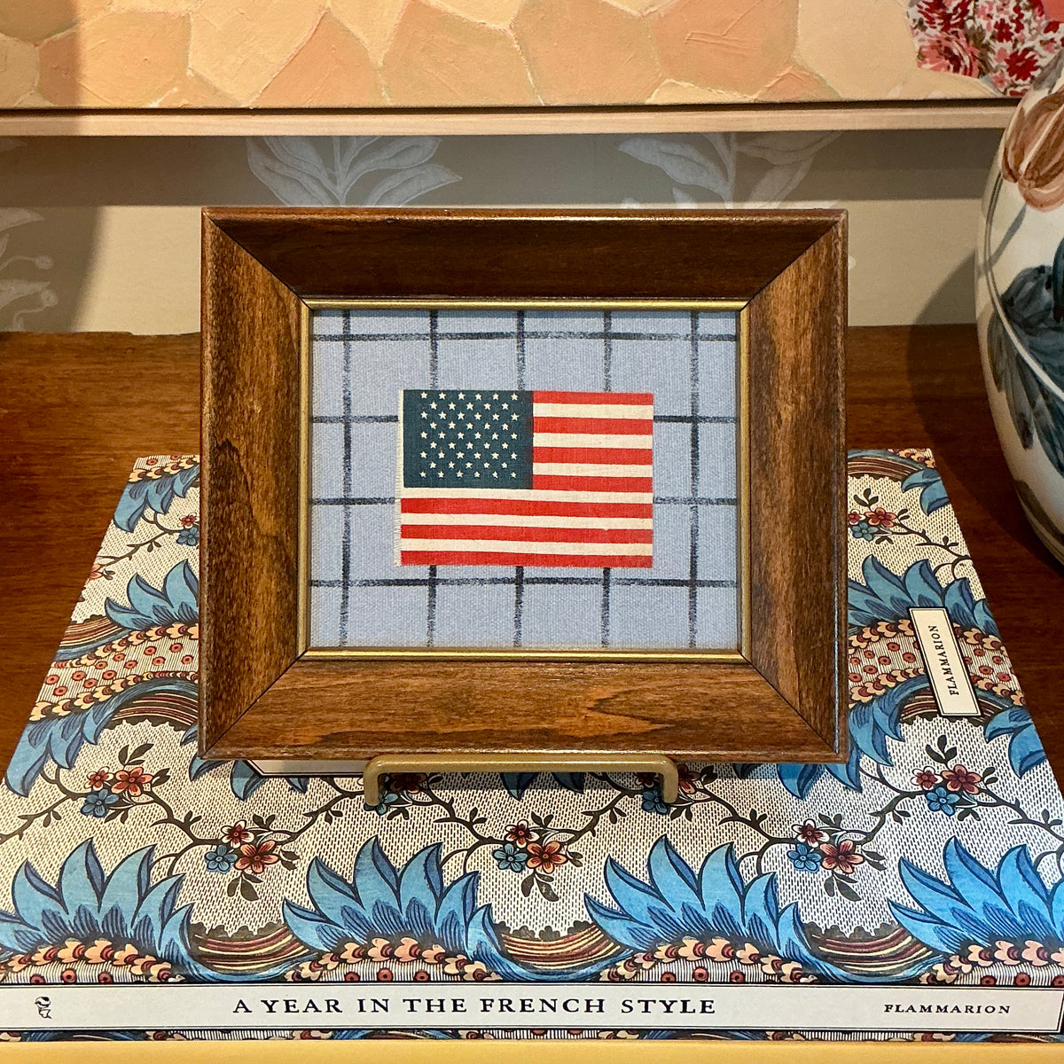 Vintage 50 Star American Parade Flag on Blue Windowpane in Wood Frame with Gilded Liner