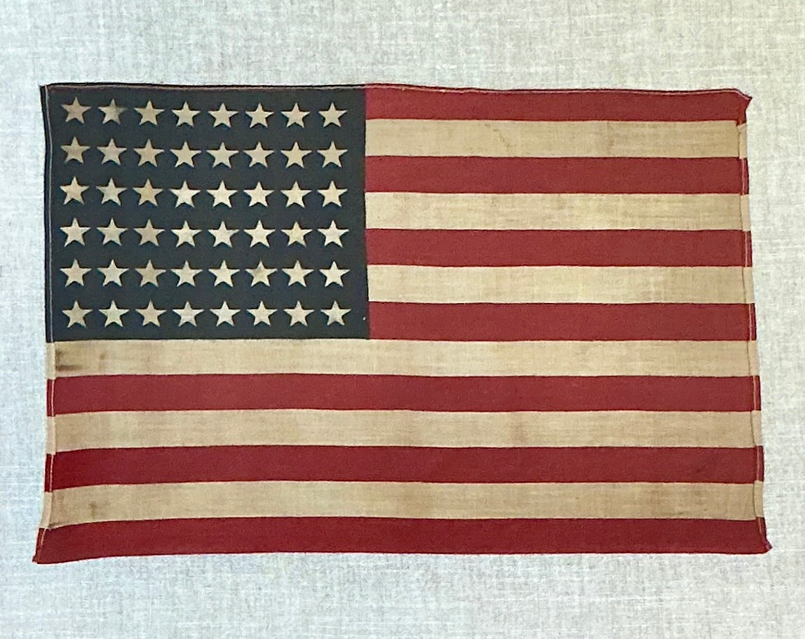 Vintage 48 Star American Flag on Grey Twill in Floral Design Wood Frame with Gilded Liner