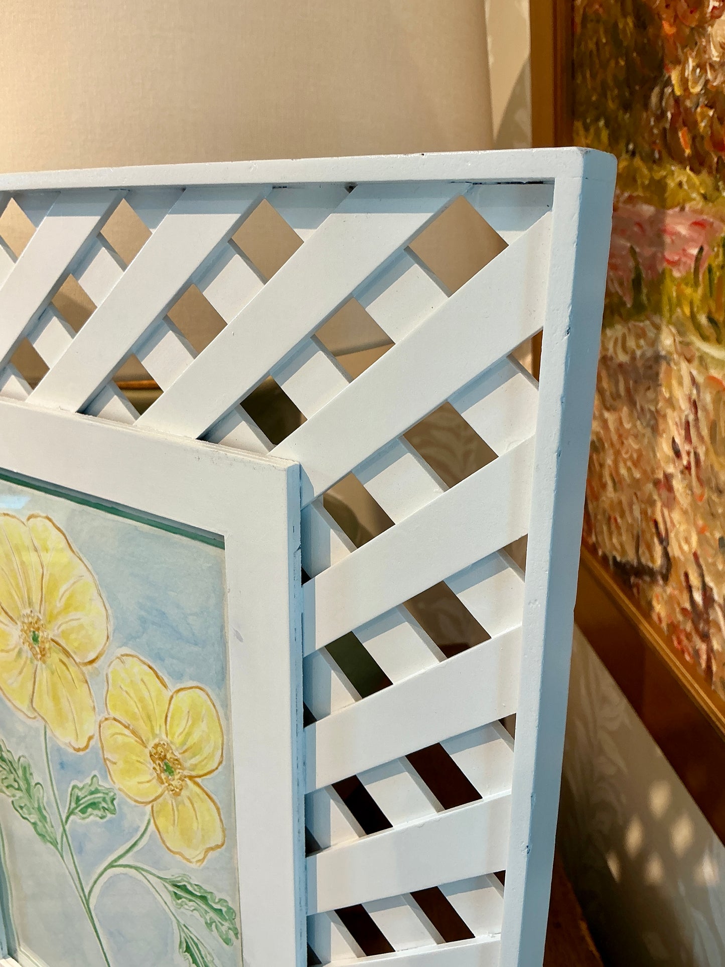 Kate Miller Yellow Pansy Botanical Watercolor Painting in White Lattice Frame