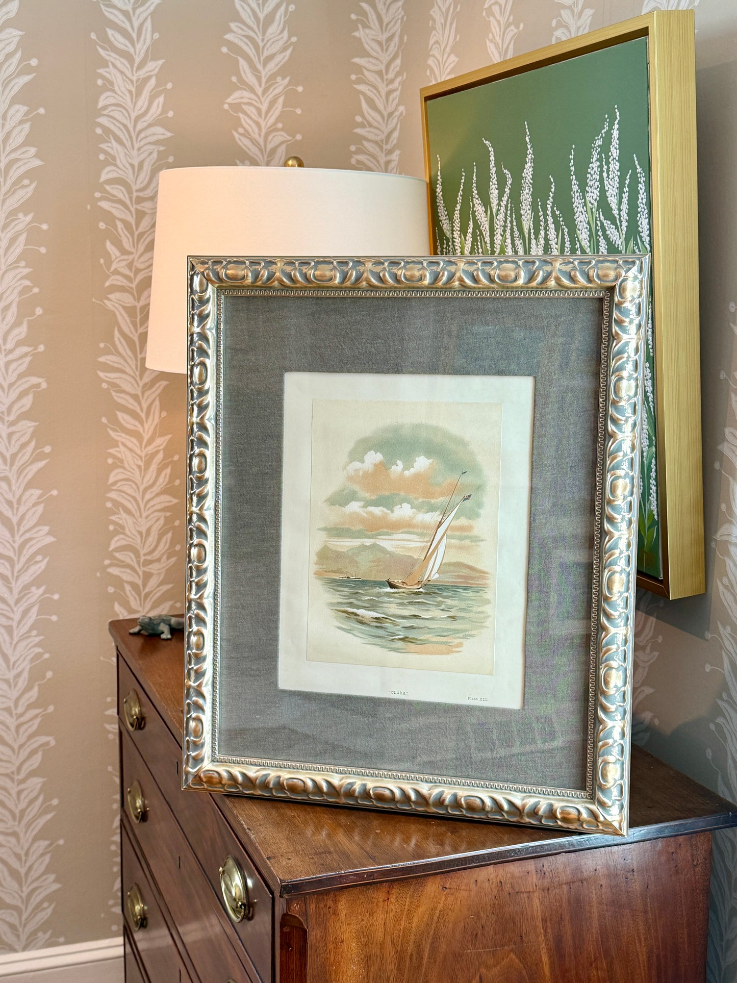 1888 Hand Colored Lithograph of “Clara” the Clyde Yacht in Belgian Linen in Ornate Champagne Gold Frame