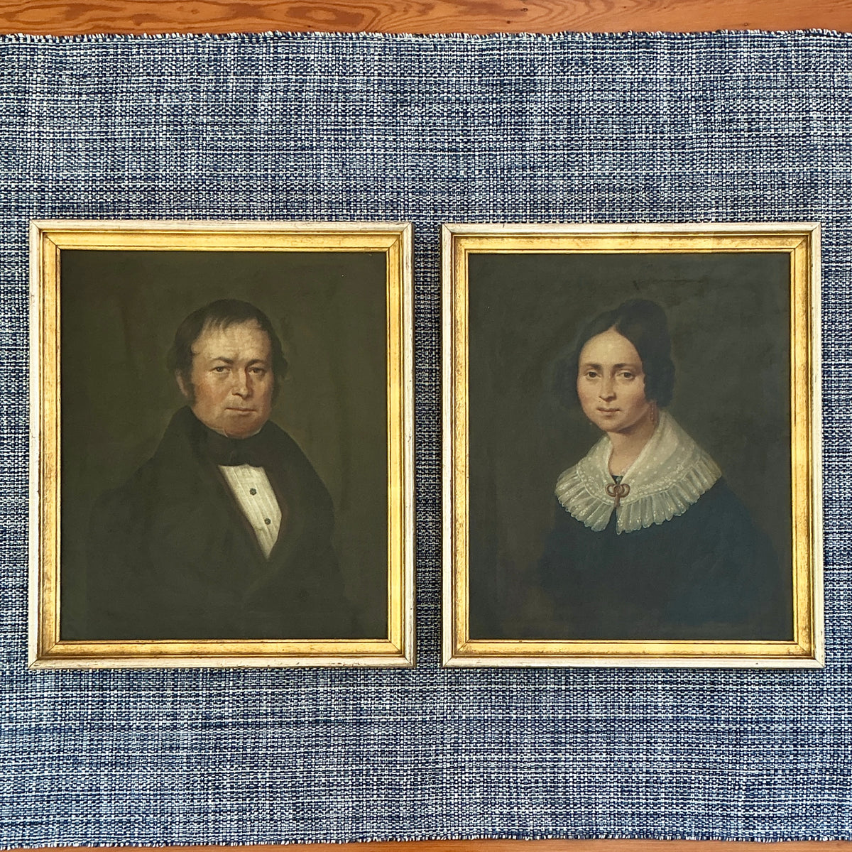 Pair of Carl Philipp Schwab 19th Century Gentleman and a Lady Biedermeier Couple Portrait Oil Paintings in Gilded Frames