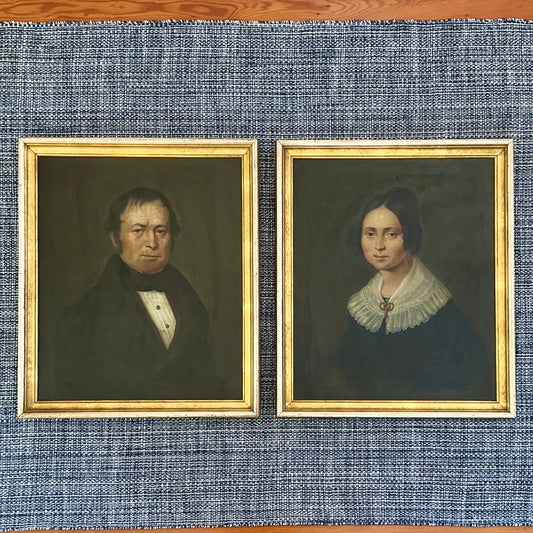 Pair of Carl Philipp Schwab 19th Century Gentleman and a Lady Biedermeier Couple Portrait Oil Paintings in Gilded Frames