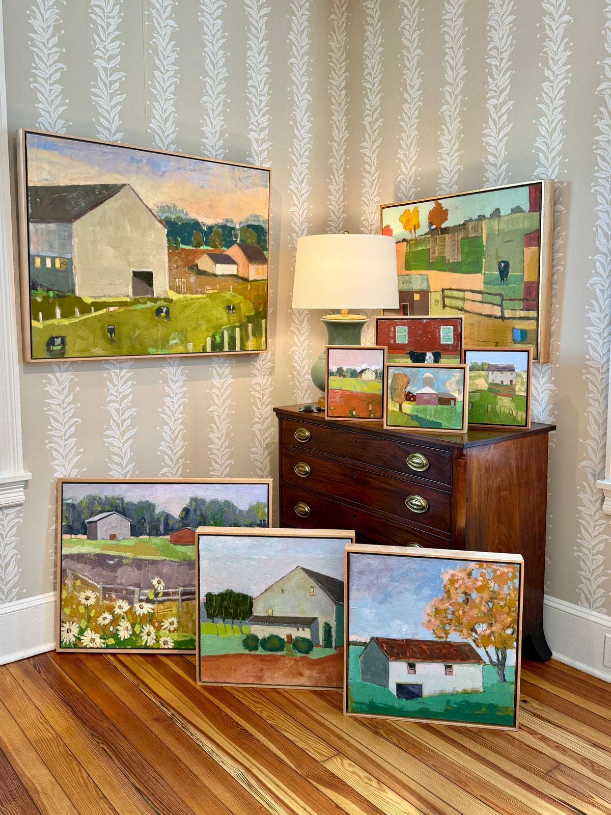 Carol Lesher Spring Landscape Oil Painting in Natural Wood Floater Frame