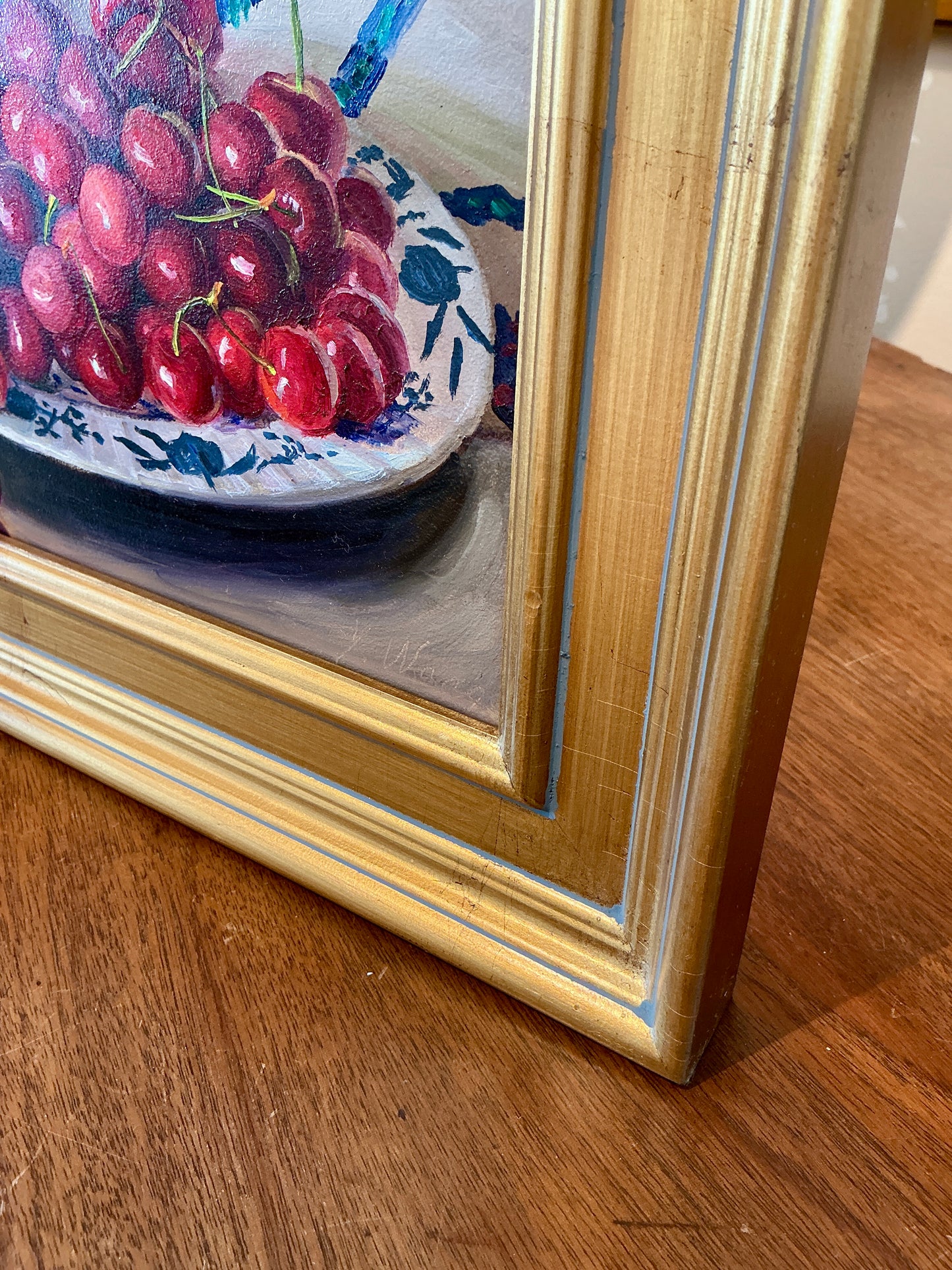 Youqing Wang Cherries, Peaches, and White Pitcher Still Life Oil Painting in Gold Frame
