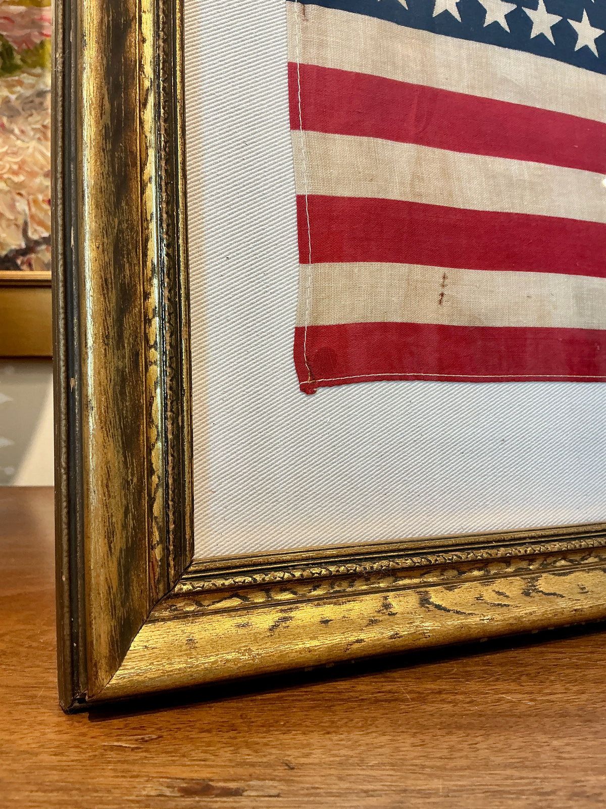 Vintage 48 Star American Flag on Ivory Duck Cloth in Antique Gold Wood Frame