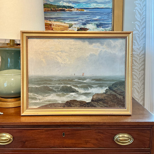 Clarence Henry Roe 19th Century Red Sail Sailboats in Seascape Oil Painting in Gold Frame
