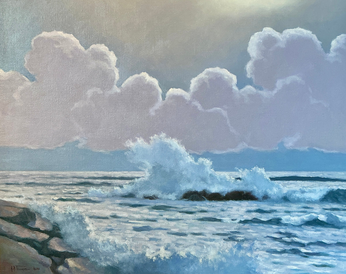 Anthony R. Thompson Moonlit Surf Monhegan Island Maine Seascape Oil Painting in Gold Frame