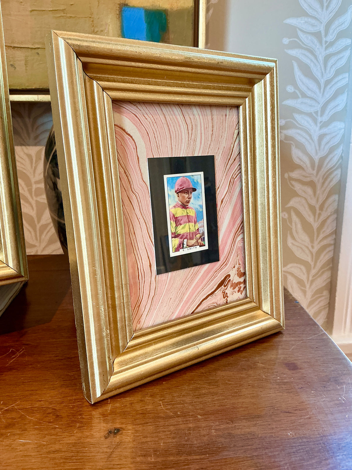 Set of 4 1936 Jockey Tobacco Cards on Pink Hand Marbled Mount in Gold Frames