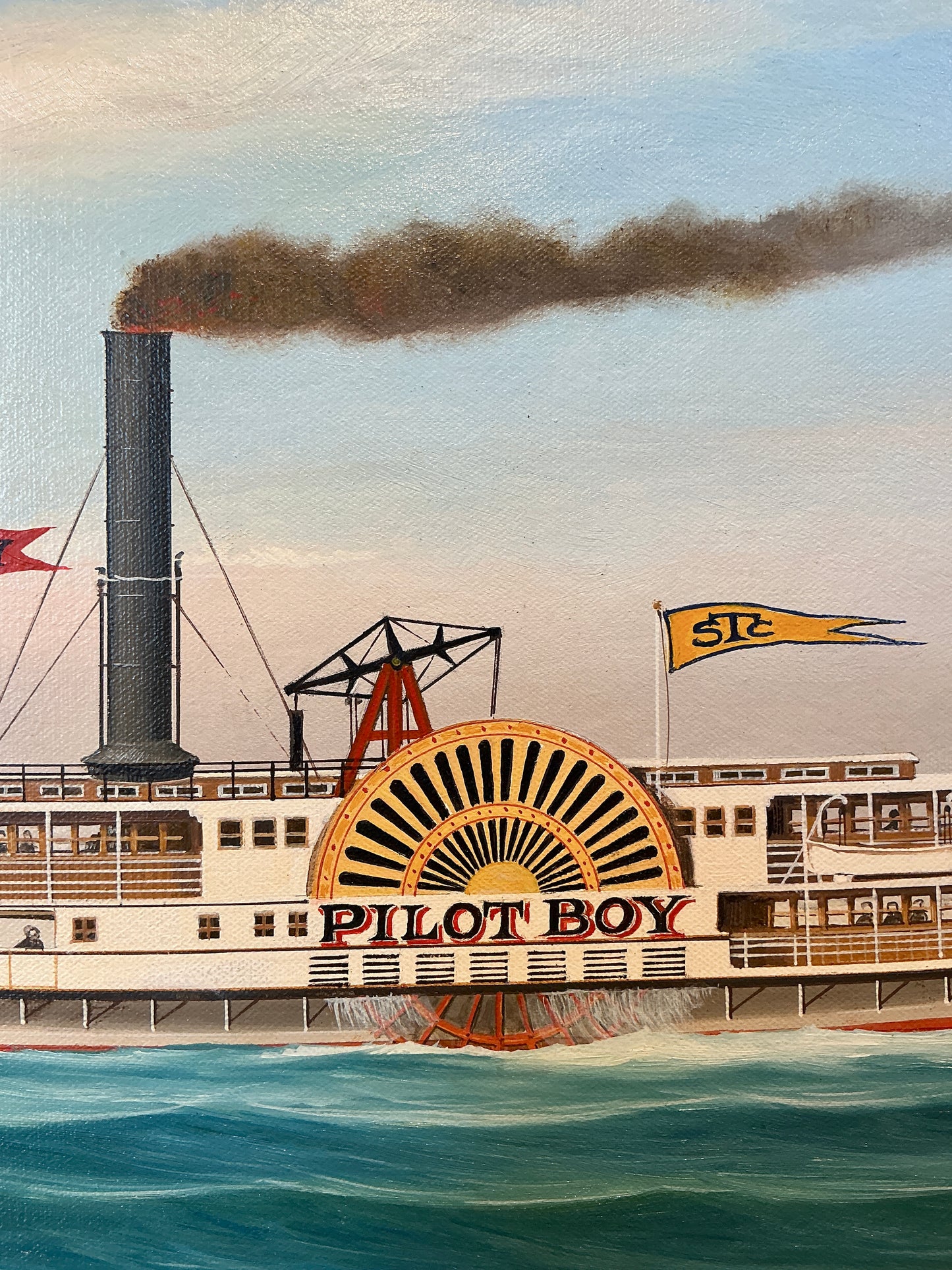 Scott Cameron Steamboat Pilot Boy Oil Painting in Gold Frame