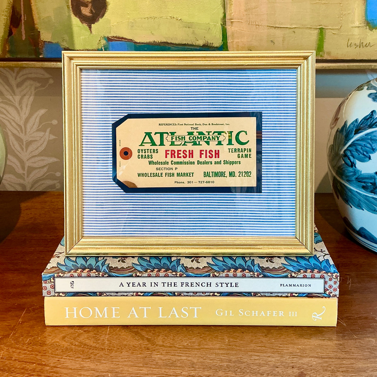 Vintage Fresh Fish Old Baltimore Maryland Fishmonger's Tag on Blue Ticking Stripes in Gold Frame