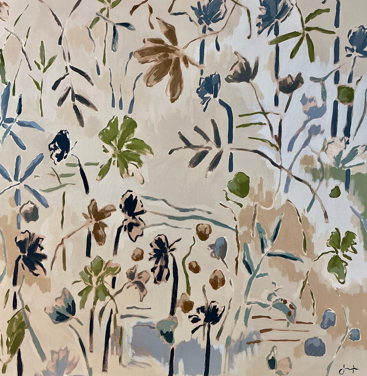 Jessa Butler Picnic With Ladybugs Expressionist Botanical Painting in Wood Floater Frame