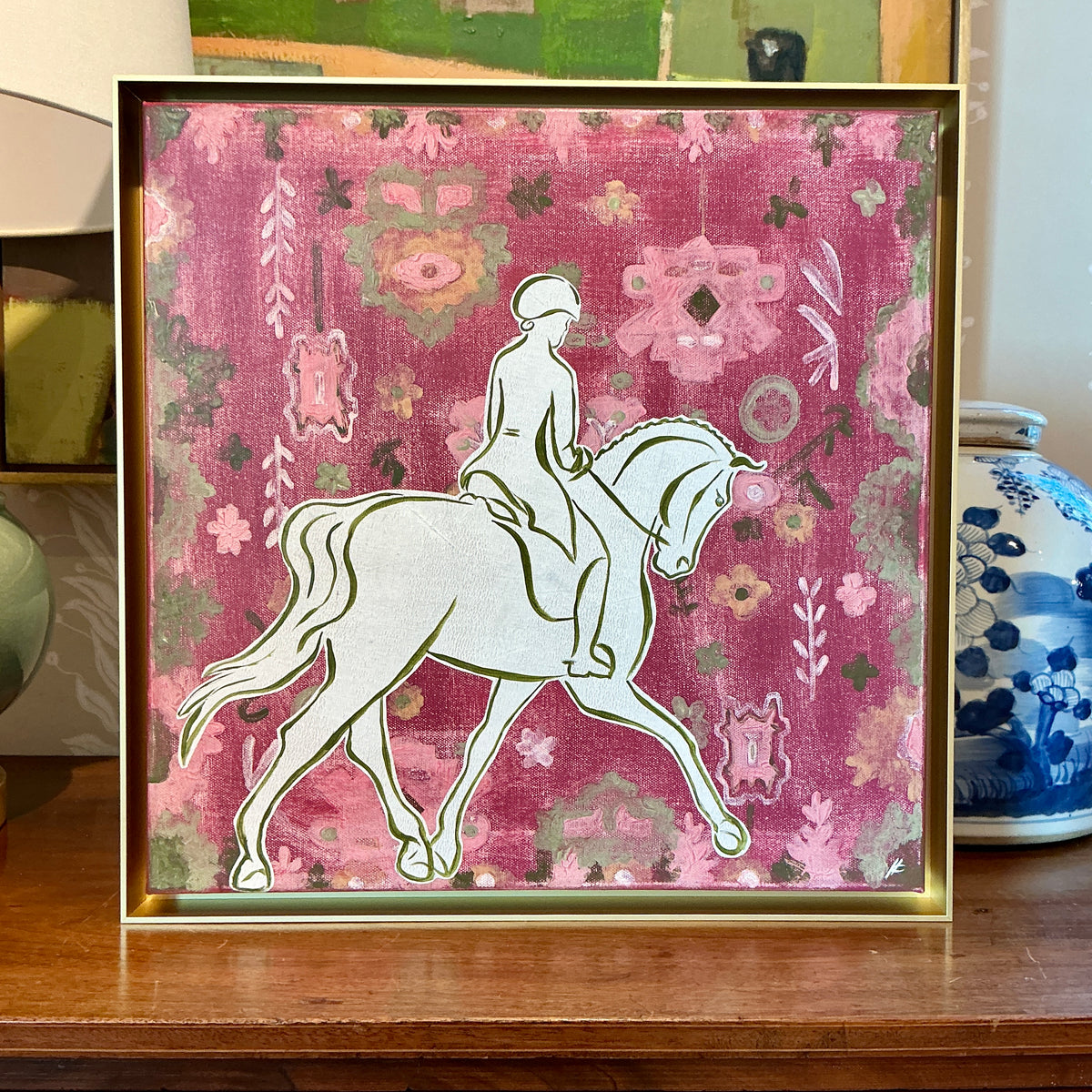 Heather Carey Rose And Reins Horse Portrait Mixed Media in Gold Frame