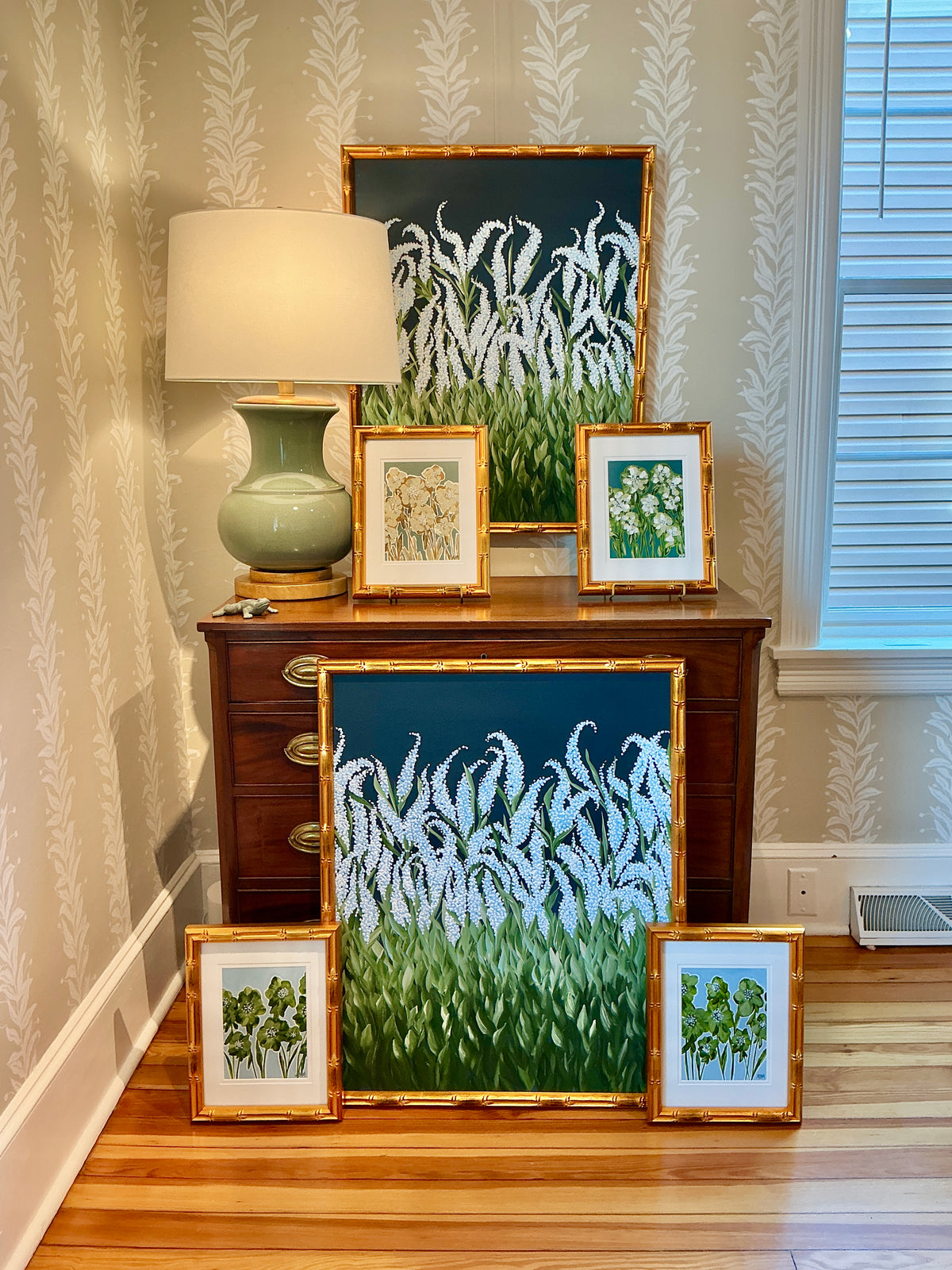 Alison Diamond McElroy Midnight Garden II Abstract Floral Painting in Gold Bamboo Frame