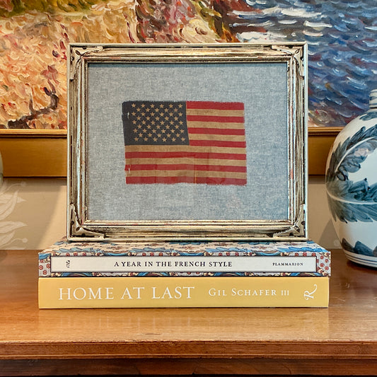 Vintage 50 Star American Flag on Light Chambray in Antique Silver Leaf Frame