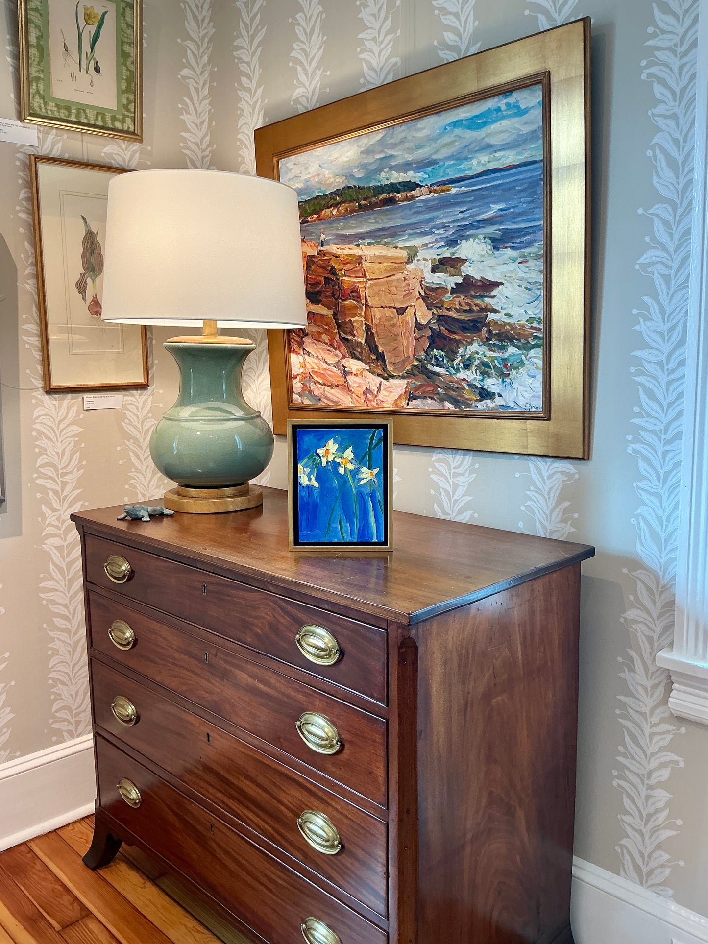 Gretchen McGinnis Handful Of Yellow Mini Daffodils Still Life Oil Painting in Gold Floater Frame