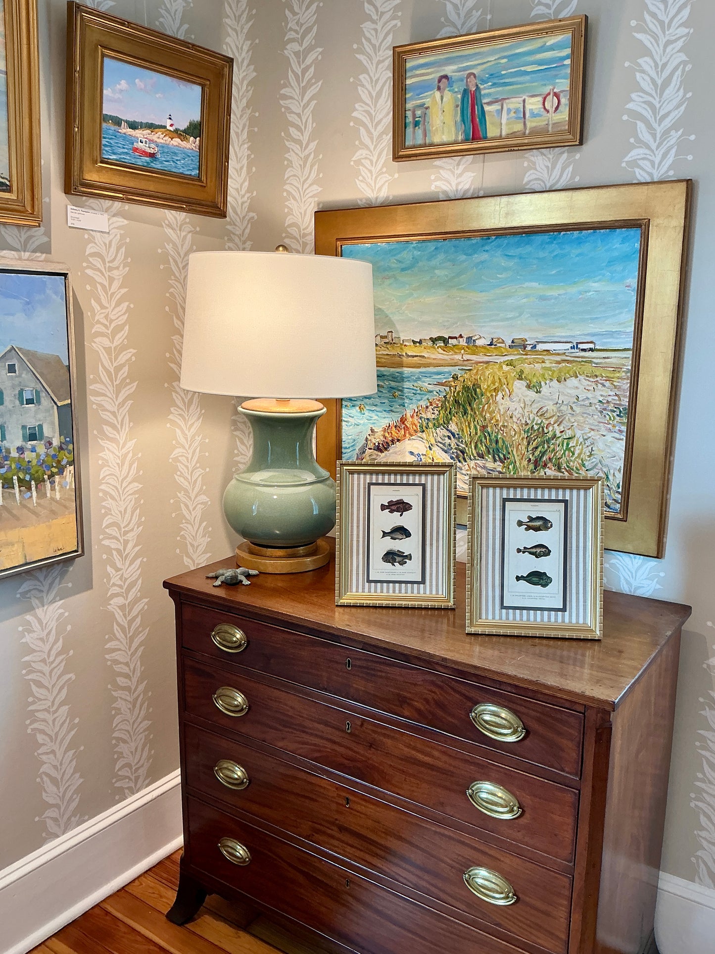 Pair of 19th Century Hand Colored French Fish Lithographs on Taupe Stripes in Gold Frames - Set C