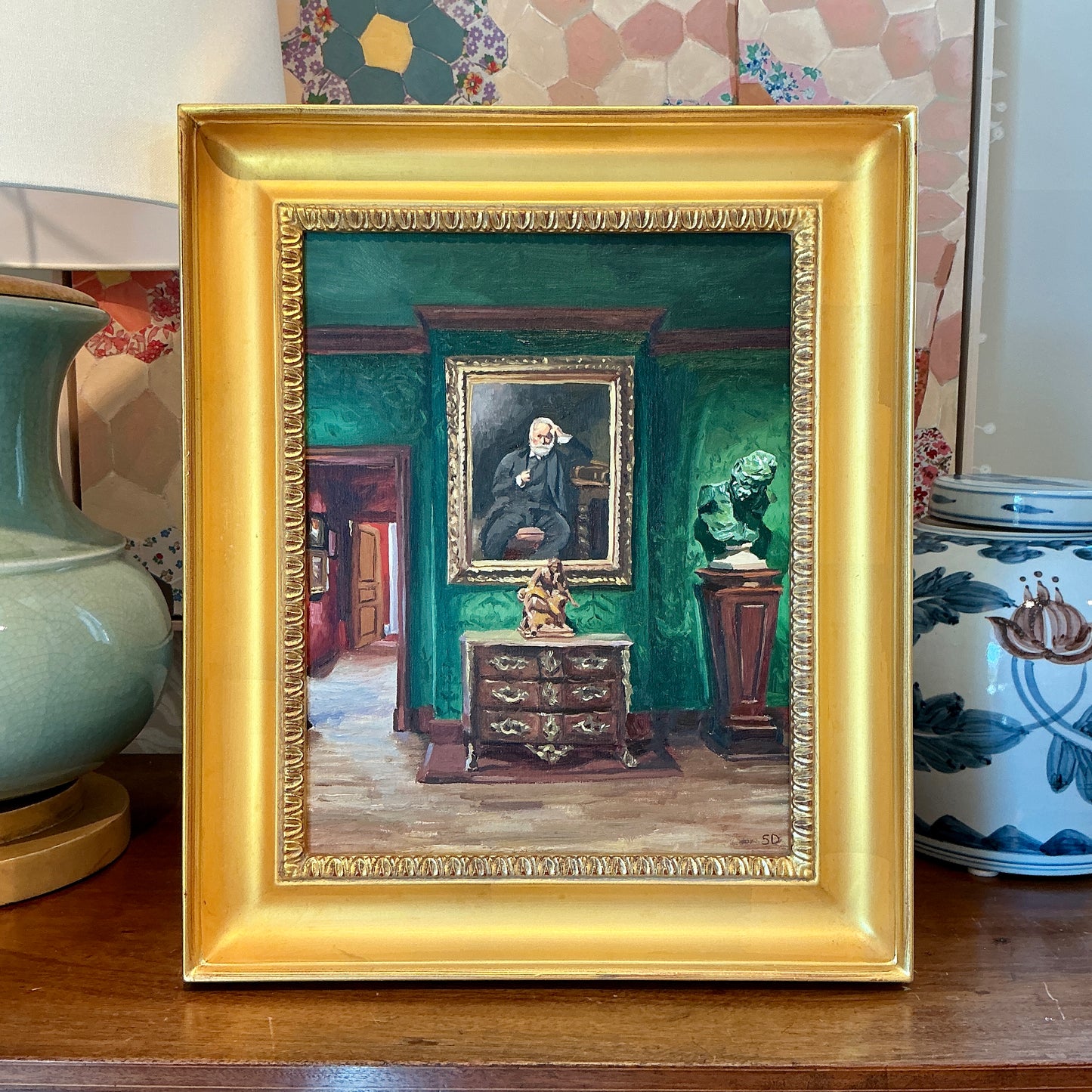 Stephanie Doucet Victor Hugo In The Green Room French Interior Oil Painting in Gold Frame