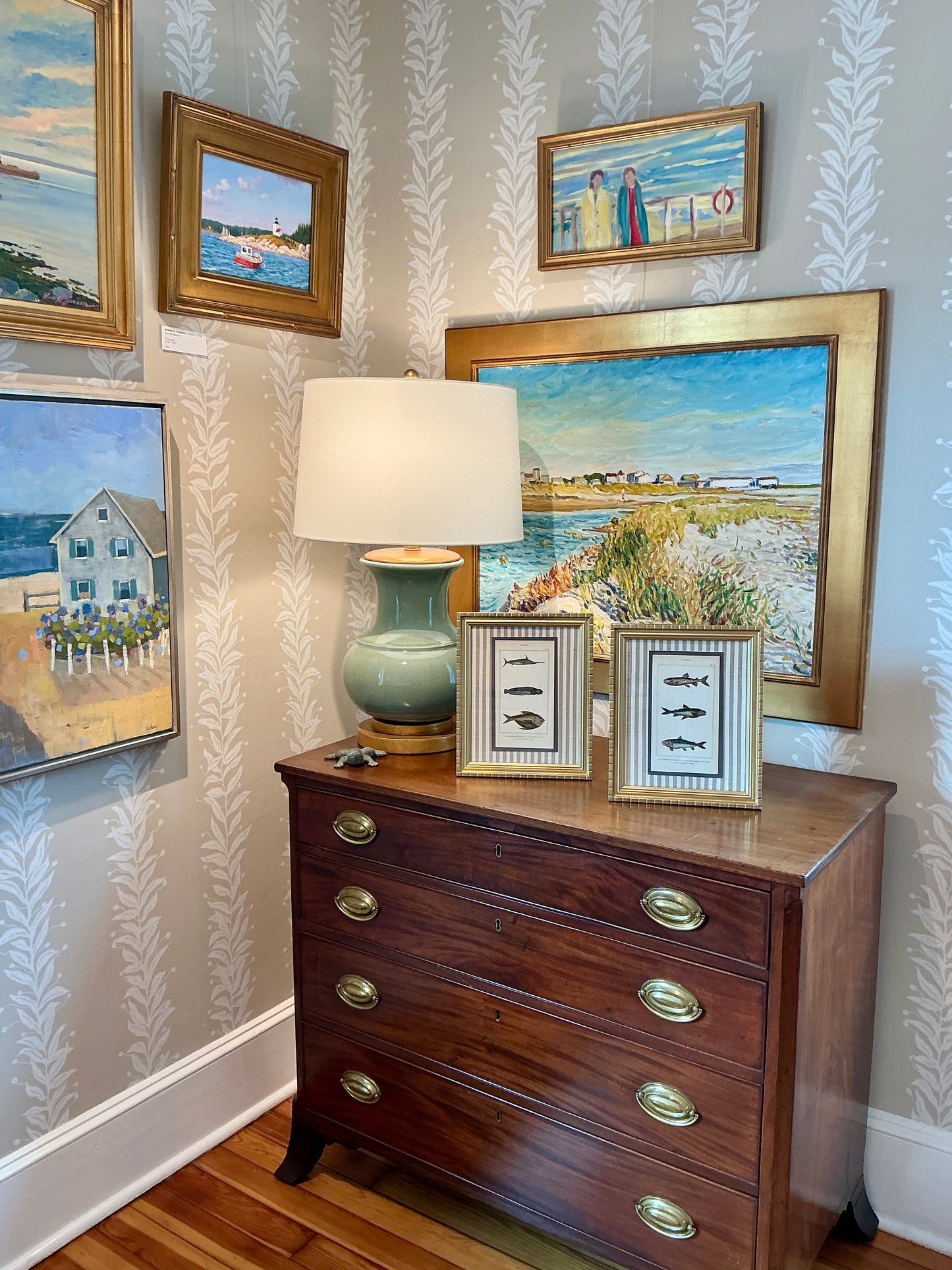 Pair of 19th Century Hand Colored French Fish Lithographs on Taupe Stripes in Gold Frames - Set A