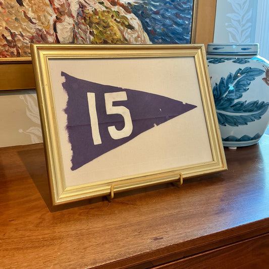 Vintage Handmade Felt Sailing Regatta Pennant Number "15" on Ivory Duck Cloth in Gold Frame