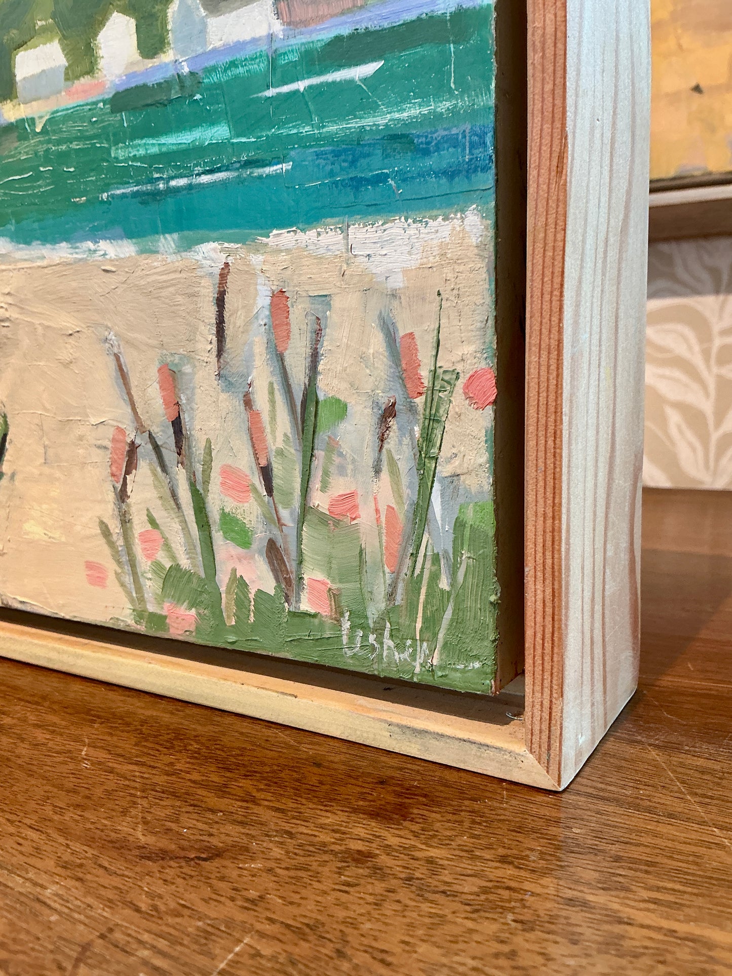 Carol Lesher After Noon Coastal Landscape Oil Painting in Natural Wood Frame