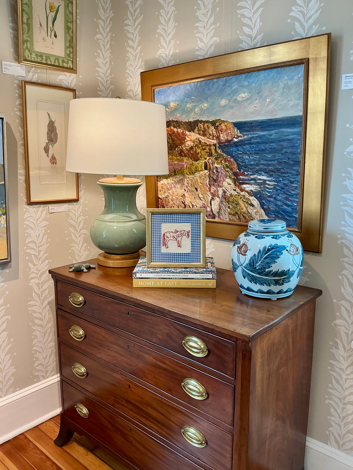 Antique Horse Redwork Embroidery on Blue Gingham in Gold Frame
