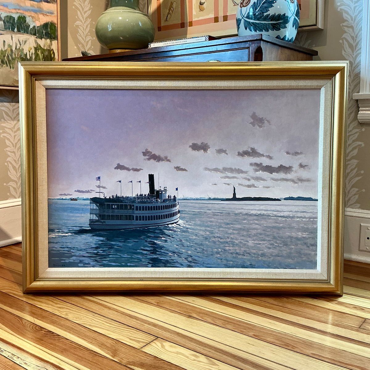 Anthony R. Thompson Harbor Cruise Statue of Liberty New York City Ellis Island Oil Painting in Gold Frame