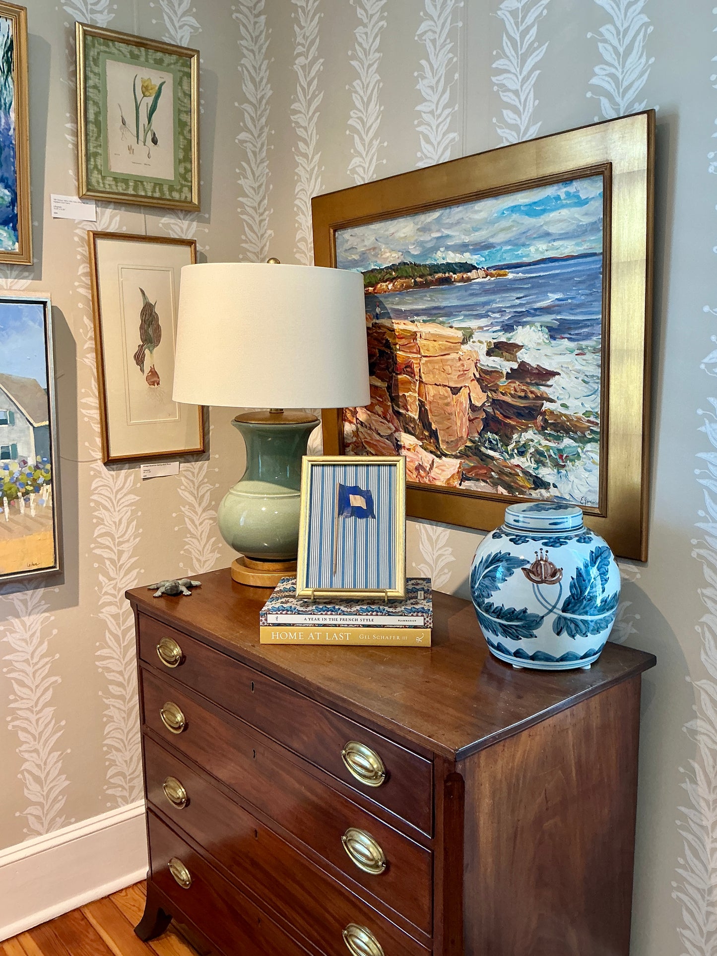 Antique 1905 Nautical Blue and Tan Flag Oil Painting on Blue Stripes in Gold Frame