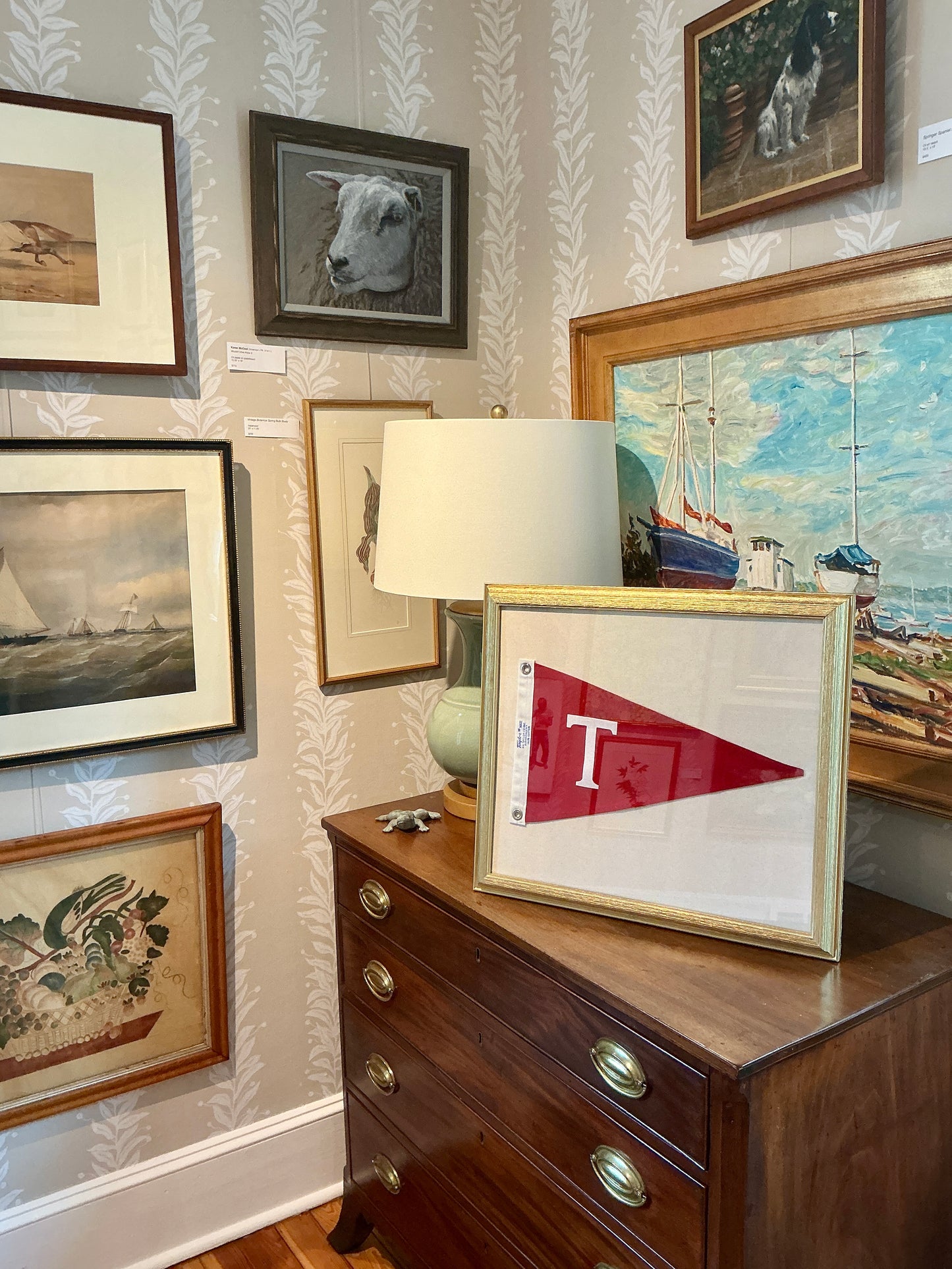 Vintage Red Canvas "T" Burgee Nautical Flag on Ivory Duck Cloth in Gold Frame