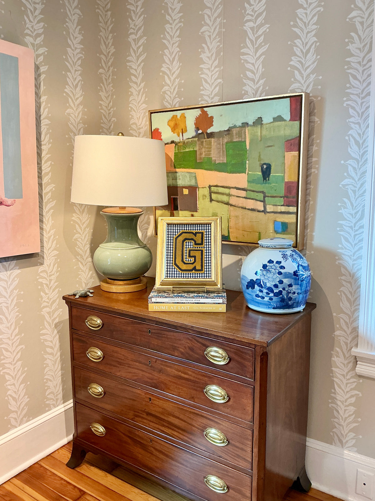 Vintage Varsity Letter Initial "G" on Navy Gingham in Gold Frame
